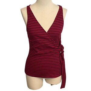Express One Eleven Womens Magenta Black Striped Ribbed Wrap Side Tie Tank Top M